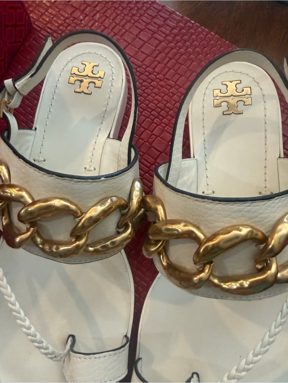 Tory Burch White Leather Sandals with Gold Chain Trim